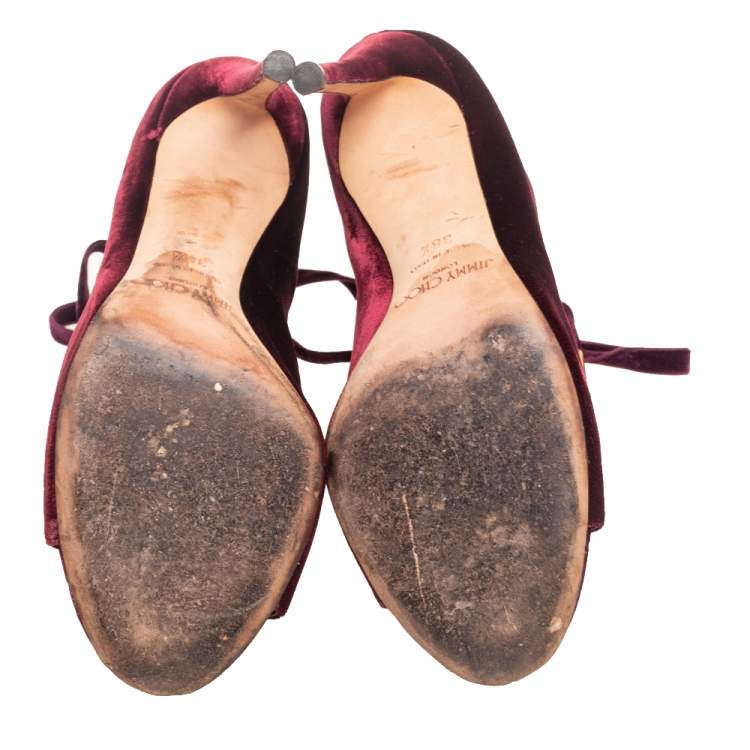 Pre Owned Jimmy Choo Burgundy Velvet Mavy Lace-Up Open Toe Booties Size 38.5