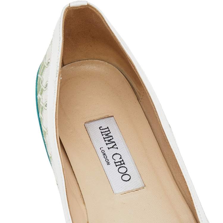 Pre Owned Jimmy Choo Green Printed Canvas And Leather Flats Size 39
