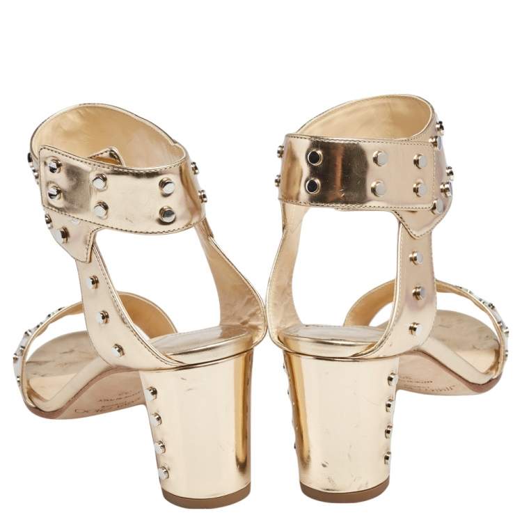 Pre Owned Jimmy Choo Gold Leather Studded Ankle Strap Sandals Size 38