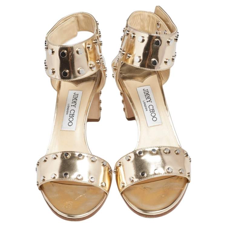 Pre Owned Jimmy Choo Gold Leather Studded Ankle Strap Sandals Size 38
