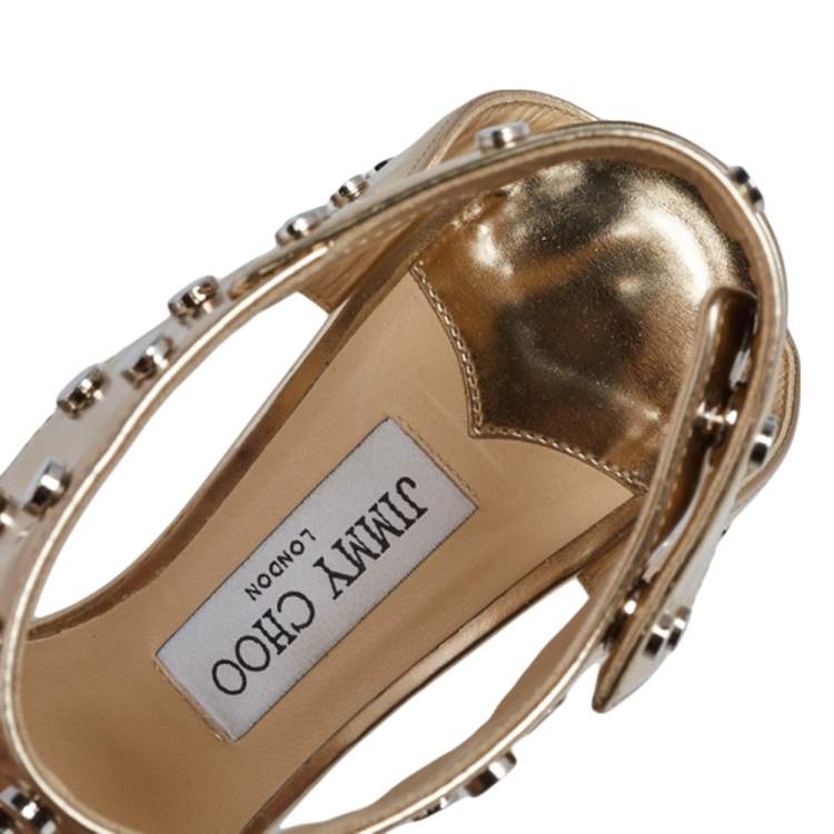 Pre Owned Jimmy Choo Gold Leather Studded Ankle Strap Sandals Size 38