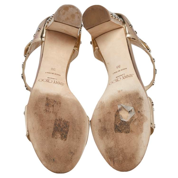 Pre Owned Jimmy Choo Gold Leather Studded Ankle Strap Sandals Size 38