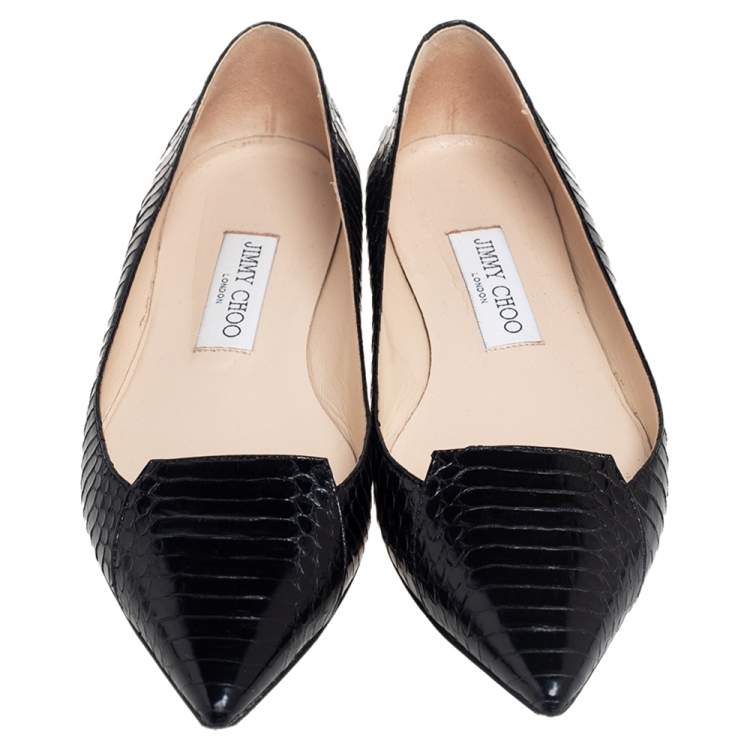 Pre Owned Jimmy Choo Black Python Leather Attila Pointed Toe Flats Size 37