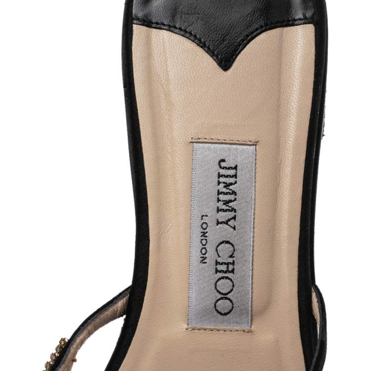 Pre Owned Jimmy Choo Black Satin Crystal Thong Flats Sandals Size 41.5