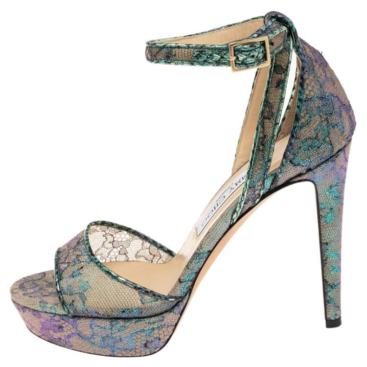 靴 Jimmy Choo 37 Jimmy Choo Green/Beige Lurex Fabric And Net Kayden Platform