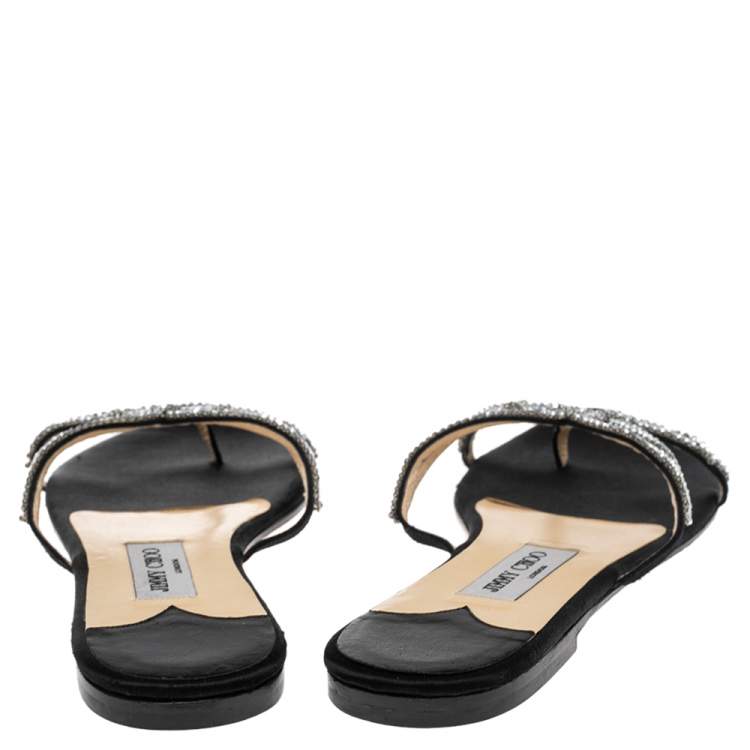 مملوكة مسبقًا Jimmy Choo Black Satin Crystal Embellished Flat Slides Size 41