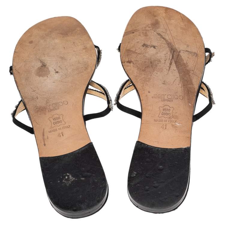 مملوكة مسبقًا Jimmy Choo Black Satin Crystal Embellished Flat Slides Size 41