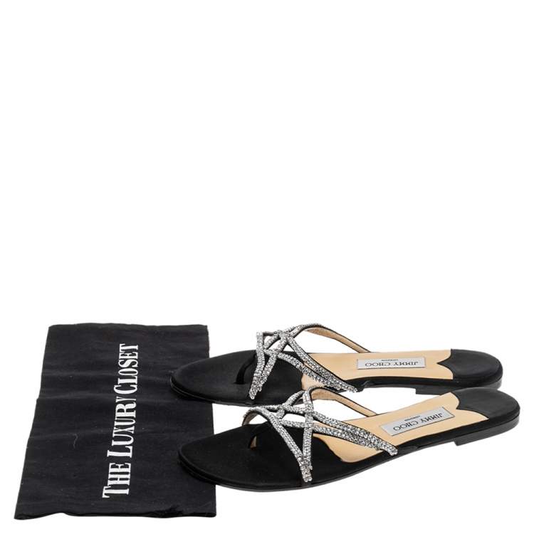 مملوكة مسبقًا Jimmy Choo Black Satin Crystal Embellished Flat Slides Size 41