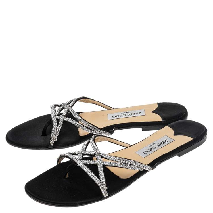 مملوكة مسبقًا Jimmy Choo Black Satin Crystal Embellished Flat Slides Size 41