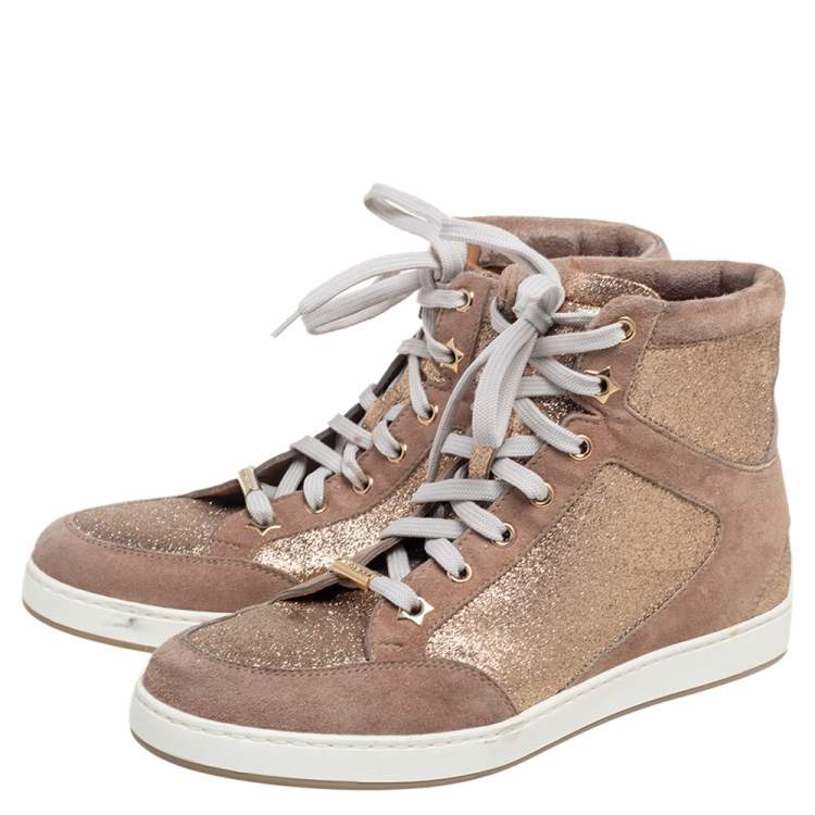 Pre Owned Jimmy Choo Rose Gold Suede And Glitter Tokyo High Top Sneakers Size 36.5