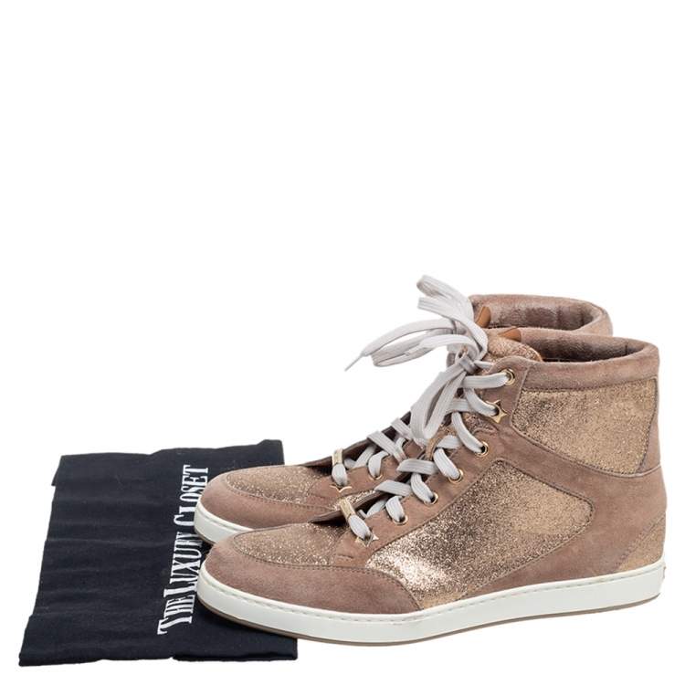 Pre Owned Jimmy Choo Rose Gold Suede And Glitter Tokyo High Top Sneakers Size 36.5