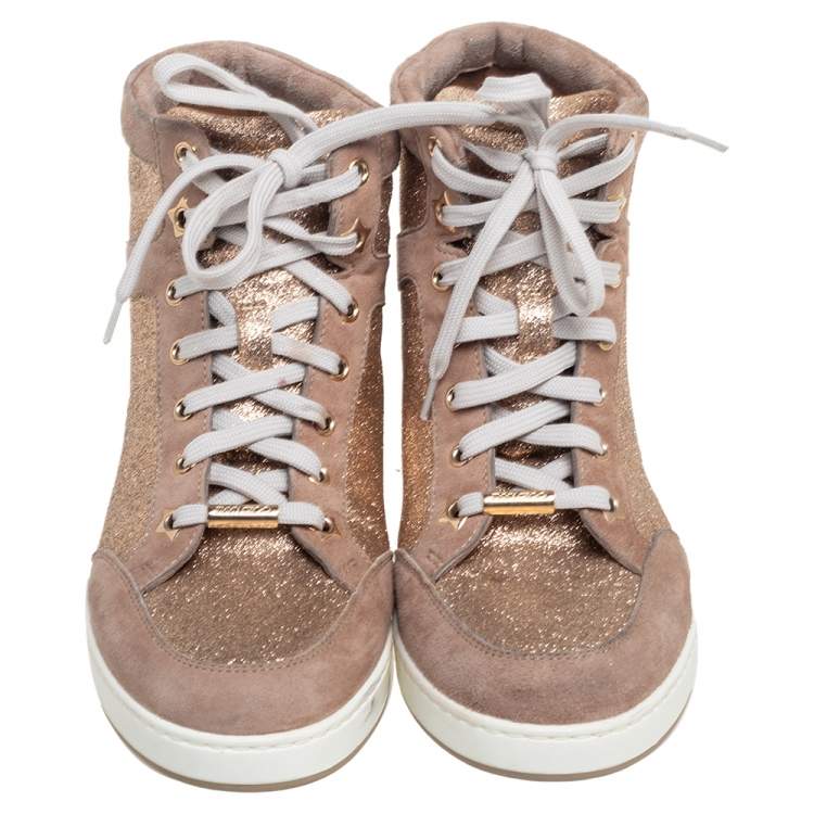 Pre Owned Jimmy Choo Rose Gold Suede And Glitter Tokyo High Top Sneakers Size 36.5