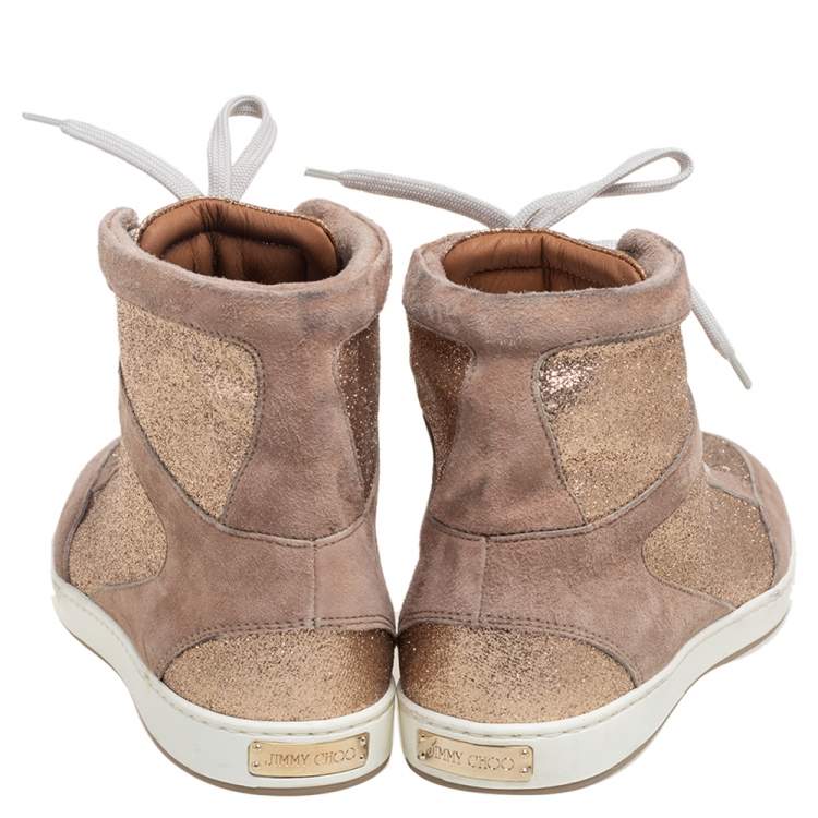 Pre Owned Jimmy Choo Rose Gold Suede And Glitter Tokyo High Top Sneakers Size 36.5