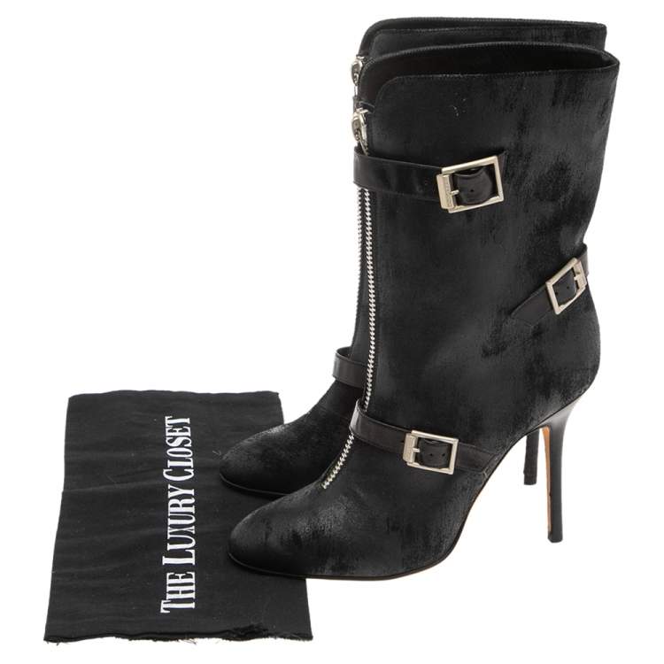 مملوكة مسبقًا Jimmy Choo Black Waxed Suede Aggy Mid-Calf Boots Size 38