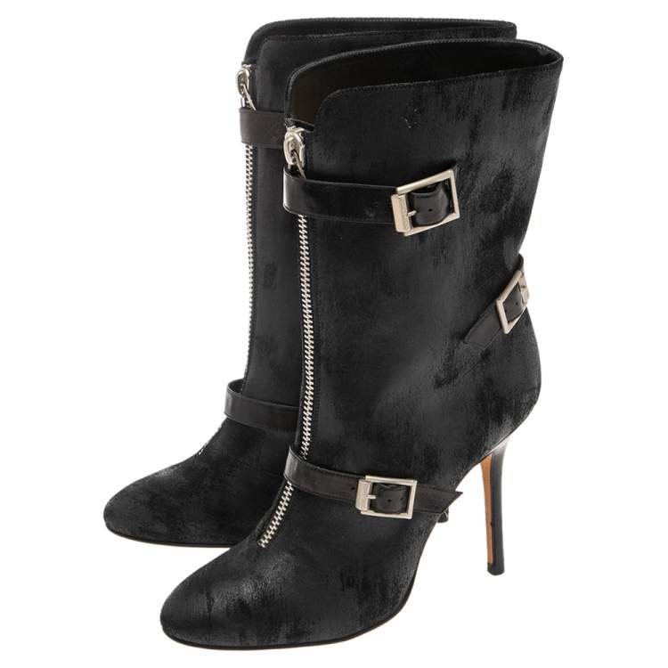 مملوكة مسبقًا Jimmy Choo Black Waxed Suede Aggy Mid-Calf Boots Size 38