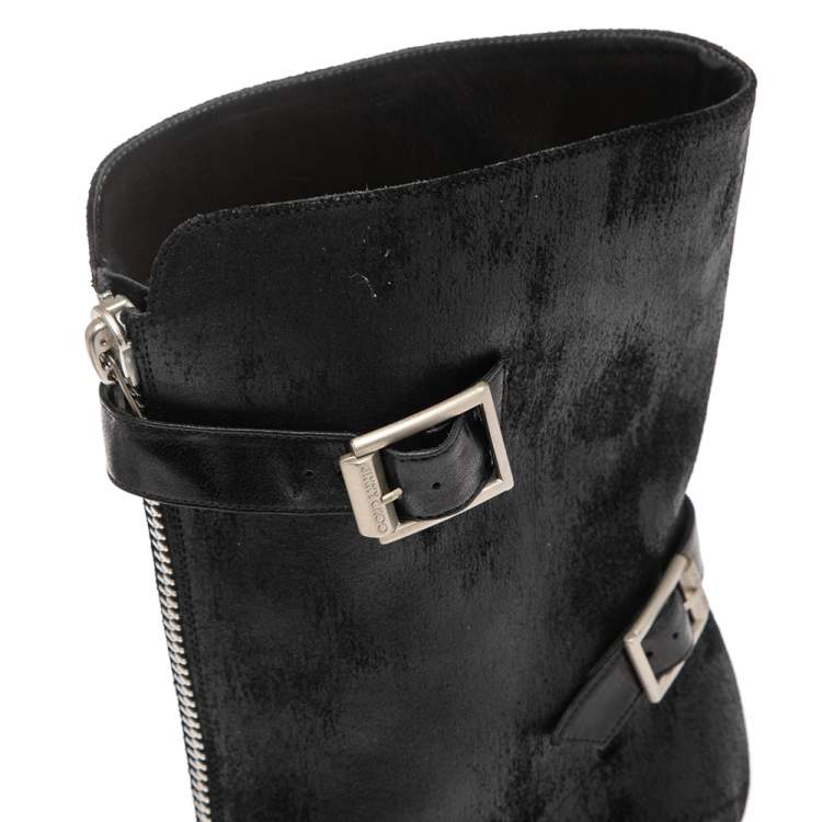 مملوكة مسبقًا Jimmy Choo Black Waxed Suede Aggy Mid-Calf Boots Size 38