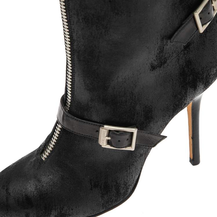 مملوكة مسبقًا Jimmy Choo Black Waxed Suede Aggy Mid-Calf Boots Size 38