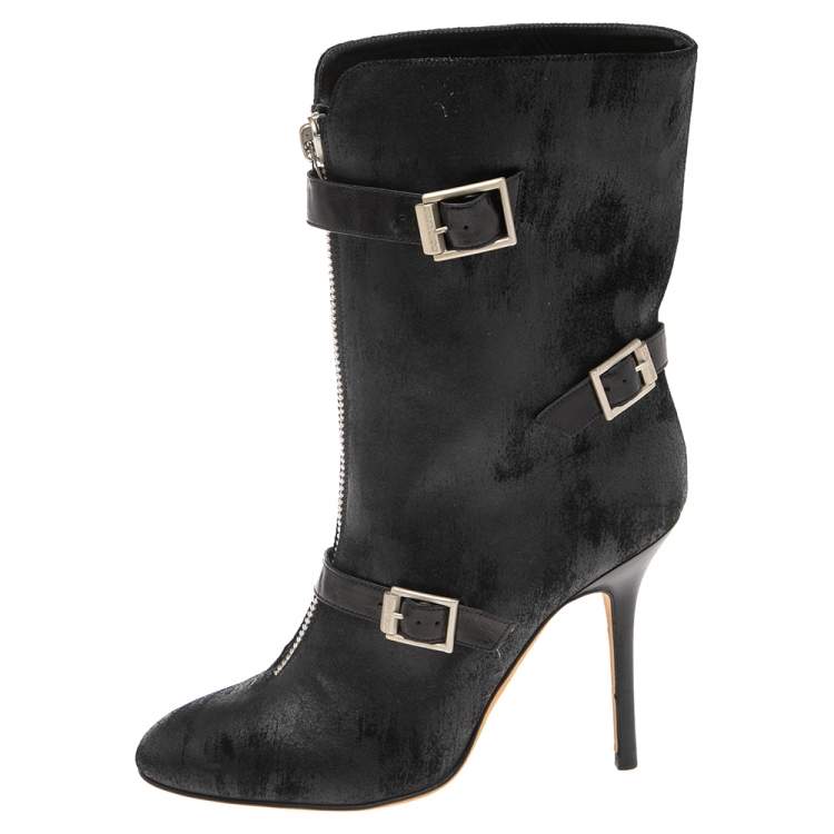 مملوكة مسبقًا Jimmy Choo Black Waxed Suede Aggy Mid-Calf Boots Size 38