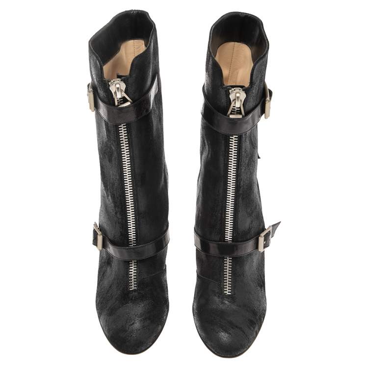 مملوكة مسبقًا Jimmy Choo Black Waxed Suede Aggy Mid-Calf Boots Size 38