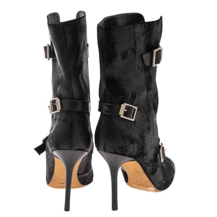 مملوكة مسبقًا Jimmy Choo Black Waxed Suede Aggy Mid-Calf Boots Size 38