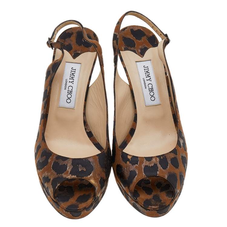 Pre Owned Jimmy Choo Brown Leopard Print Fabric Platform Peep Toe Slingback Sandals Size 41