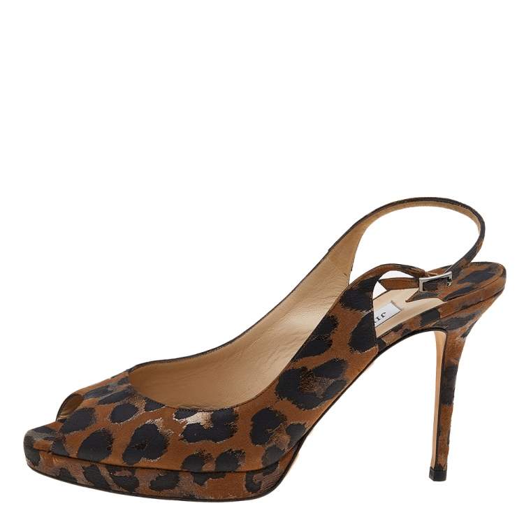 Pre Owned Jimmy Choo Brown Leopard Print Fabric Platform Peep Toe Slingback Sandals Size 41
