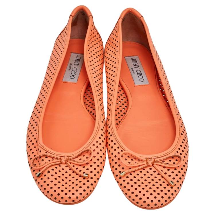 Pre Owned Jimmy Choo Orange Perforated Leather Walsh Bow Ballet Flats Size 39