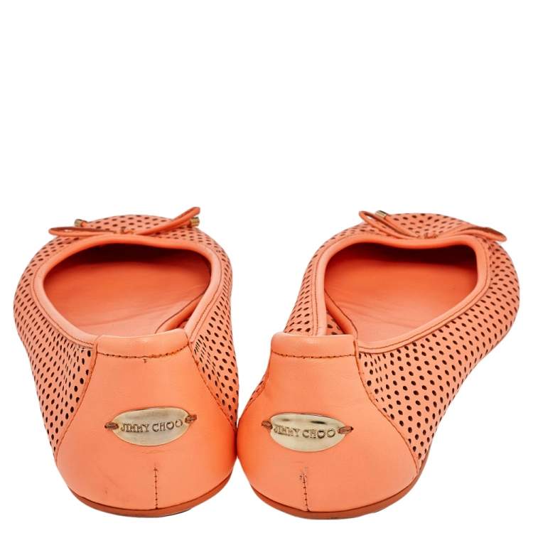 Pre Owned Jimmy Choo Orange Perforated Leather Walsh Bow Ballet Flats Size 39