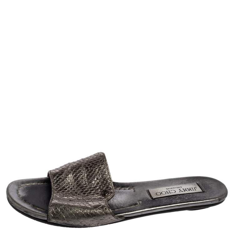 Pre Owned Jimmy Choo Grey Snakeskin Leather Nanda Flat Slide Sandals Size 36