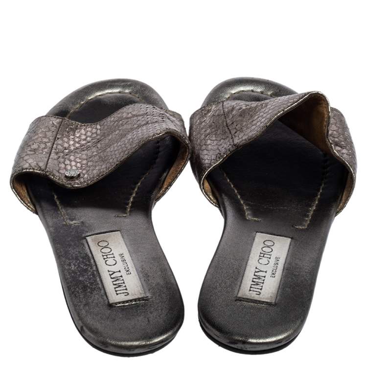 Pre Owned Jimmy Choo Grey Snakeskin Leather Nanda Flat Slide Sandals Size 36
