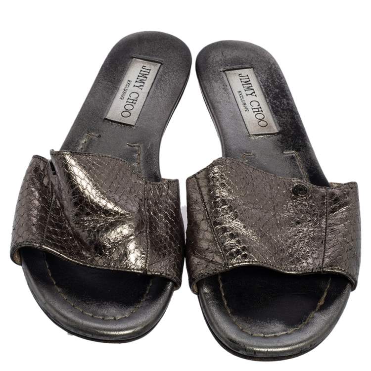 Pre Owned Jimmy Choo Grey Snakeskin Leather Nanda Flat Slide Sandals Size 36