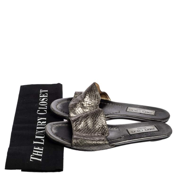 Pre Owned Jimmy Choo Grey Snakeskin Leather Nanda Flat Slide Sandals Size 36