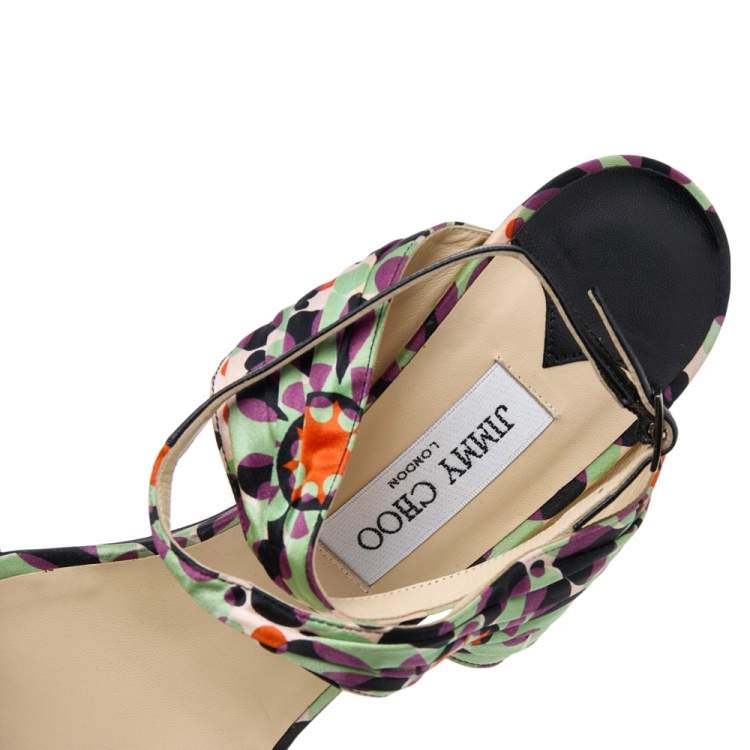 Pre Owned Jimmy Choo Multicolor Printed Satin Charis Ankle Strap Sandals Size 41