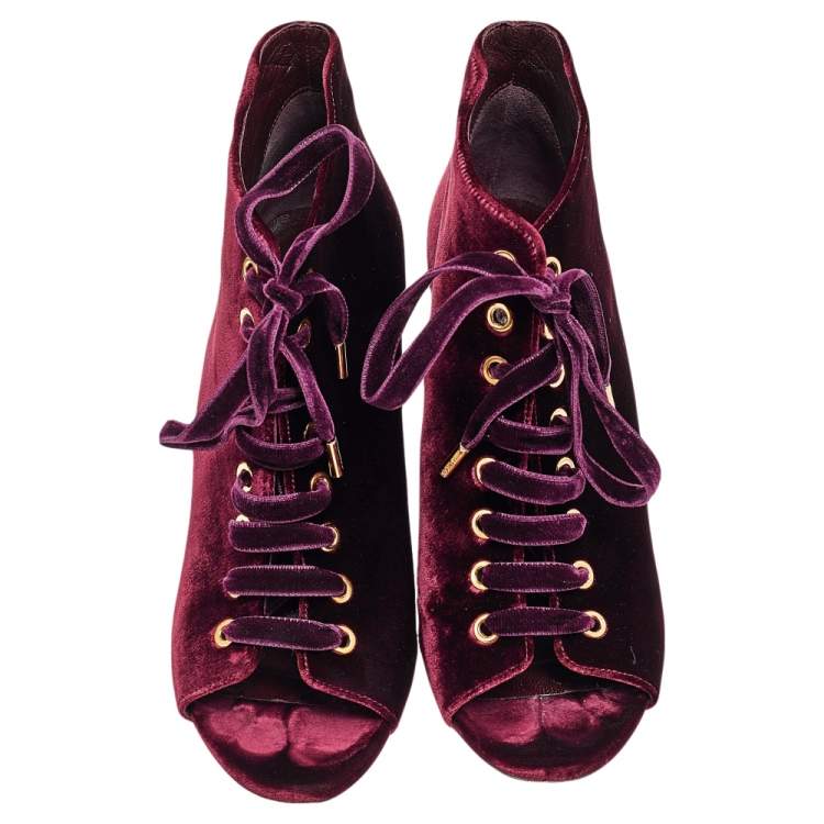 Pre Owned Jimmy Choo Burgundy Velvet Mavy Lace-Up Open Toe Booties Size 37.5