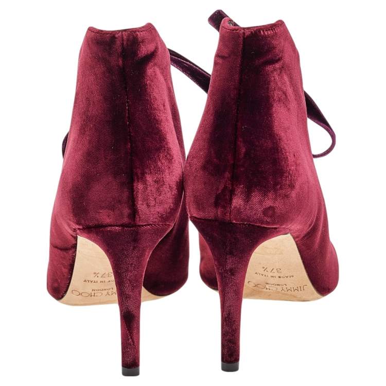 Pre Owned Jimmy Choo Burgundy Velvet Mavy Lace-Up Open Toe Booties Size 37.5