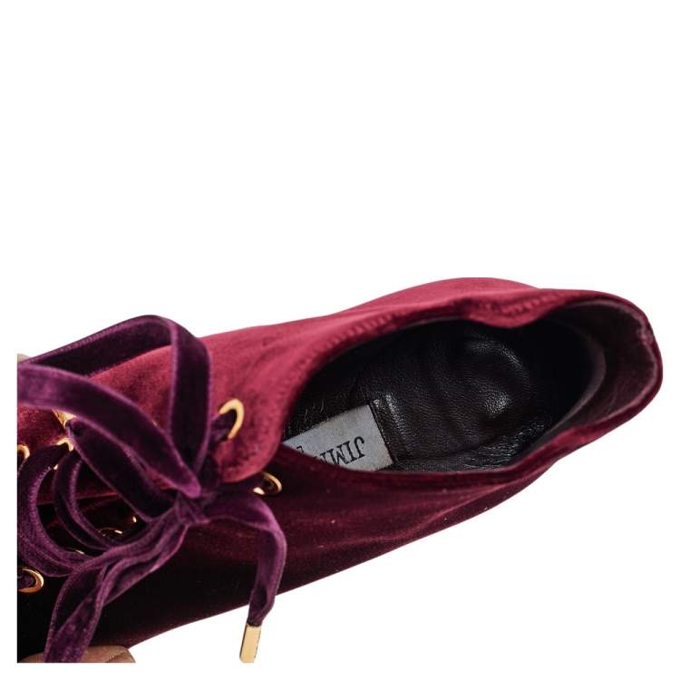 Pre Owned Jimmy Choo Burgundy Velvet Mavy Lace-Up Open Toe Booties Size 37.5