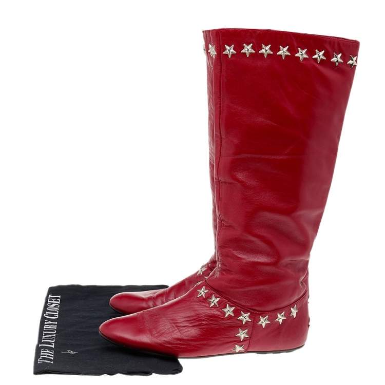 Pre Owned Jimmy Choo Red Leather Embellished Mid Calf Boots Size 37