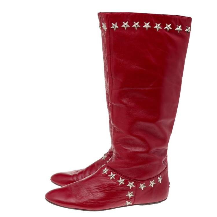 Pre Owned Jimmy Choo Red Leather Embellished Mid Calf Boots Size 37