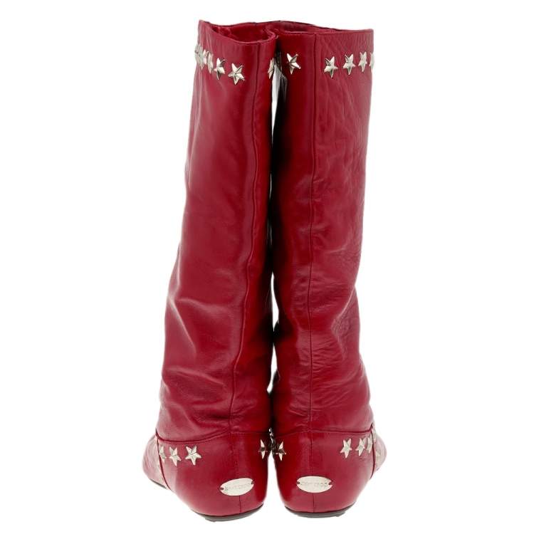 Pre Owned Jimmy Choo Red Leather Embellished Mid Calf Boots Size 37