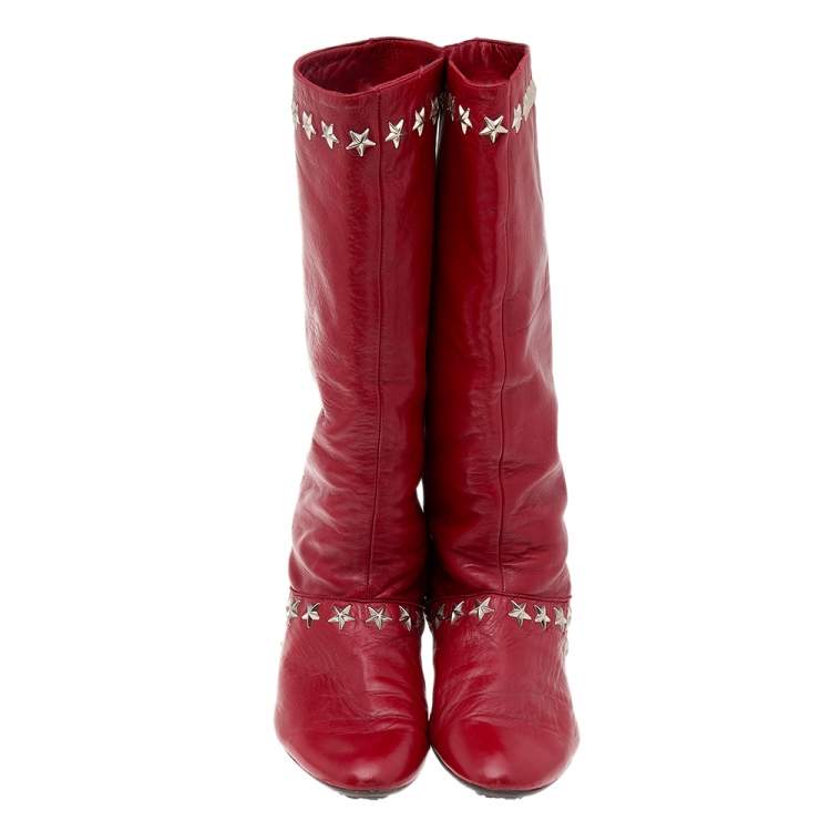 Pre Owned Jimmy Choo Red Leather Embellished Mid Calf Boots Size 37