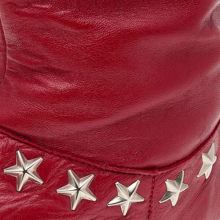 Pre Owned Jimmy Choo Red Leather Embellished Mid Calf Boots Size 37