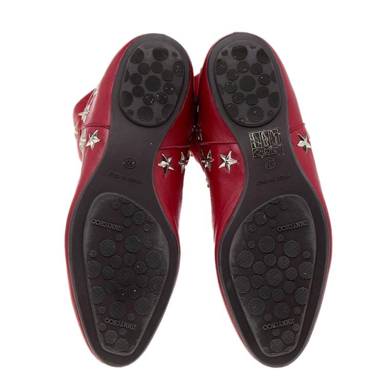 Pre Owned Jimmy Choo Red Leather Embellished Mid Calf Boots Size 37