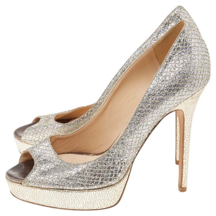 Pre Owned Jimmy Choo Gold Glitter Luna Peep Toe Platform Pumps Size 38