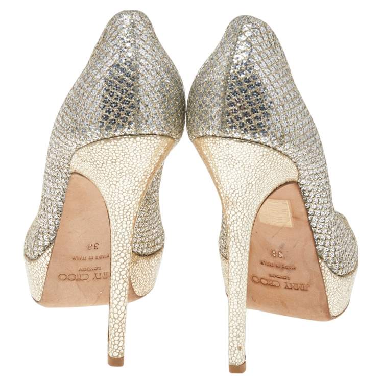 Pre Owned Jimmy Choo Gold Glitter Luna Peep Toe Platform Pumps Size 38