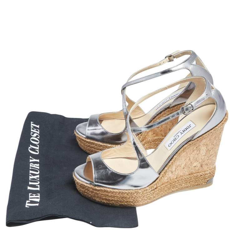 Pre Owned Jimmy Choo Silver Leather Espadrille Wedge Sandals Size 40