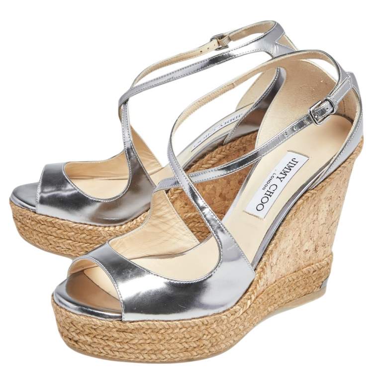 Pre Owned Jimmy Choo Silver Leather Espadrille Wedge Sandals Size 40