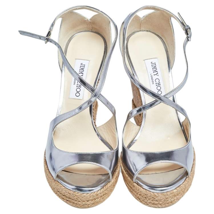 Pre Owned Jimmy Choo Silver Leather Espadrille Wedge Sandals Size 40