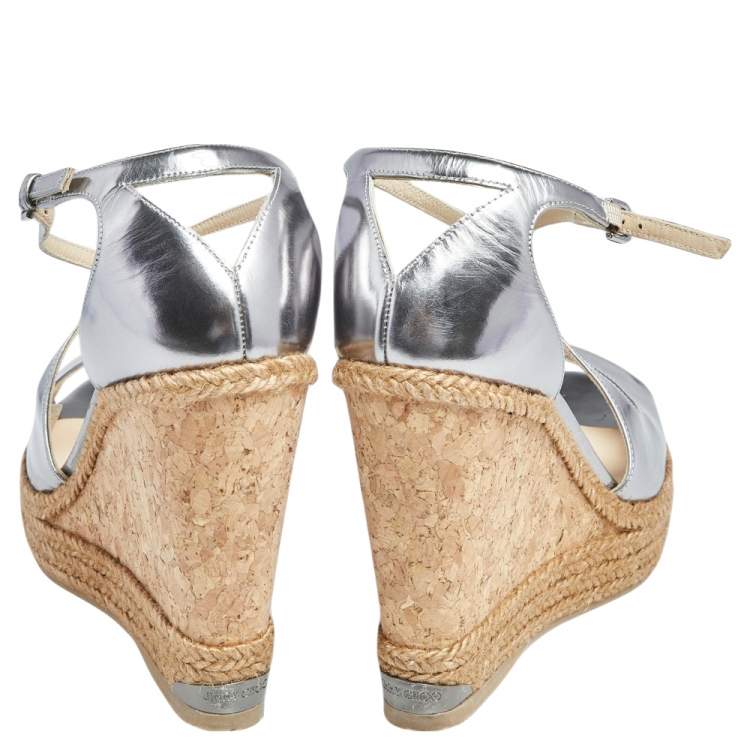 Pre Owned Jimmy Choo Silver Leather Espadrille Wedge Sandals Size 40