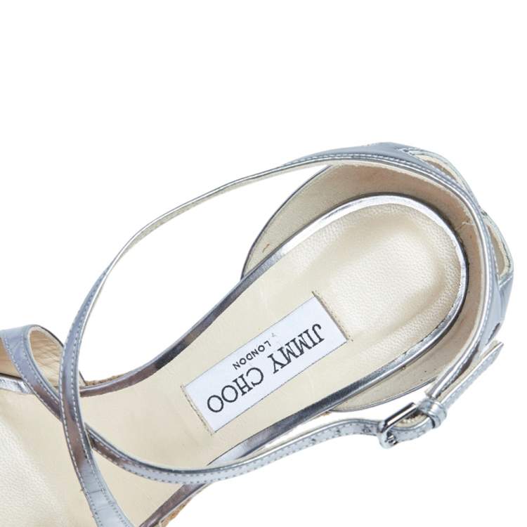 Pre Owned Jimmy Choo Silver Leather Espadrille Wedge Sandals Size 40