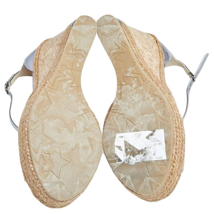 Pre Owned Jimmy Choo Silver Leather Espadrille Wedge Sandals Size 40